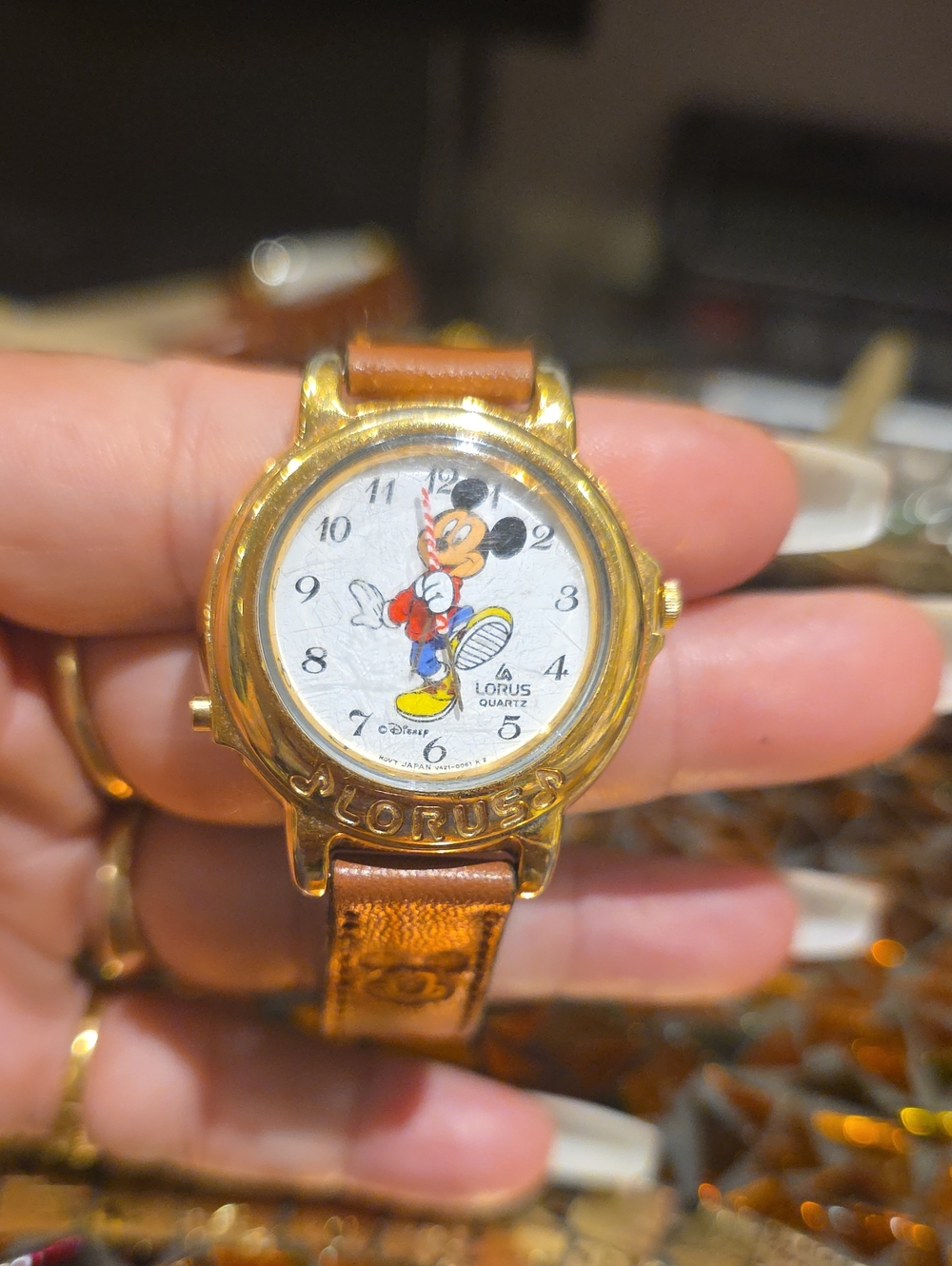 Lorus Mickey Mouse Gold Tone Watch with Brown Leather Strap